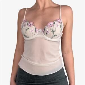Lesdessous d’eue delicate white embroidered mesh lace sheer cami top feminine
